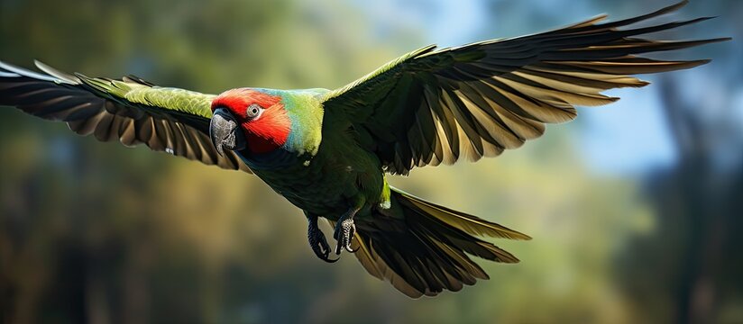 In the tropical wilderness of City, a black-capped parrot with vibrant red feathers flies gracefully, its wings swaying in the wind as it improvises its flight path, its head held high. A closeup