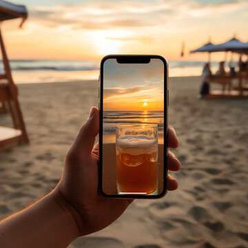 a hand holding a cell phone with a glass of beer on the beach