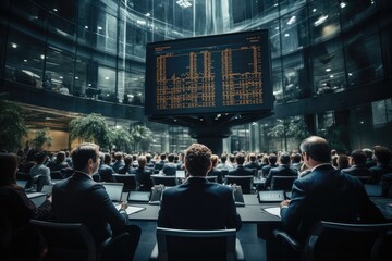 A world-renowned financial group is holding a shareholders' meeting, and senior managers are reporting on the company's economic situation.