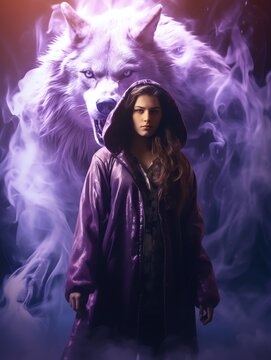 a woman in purple hoodie standing in front of a wolf