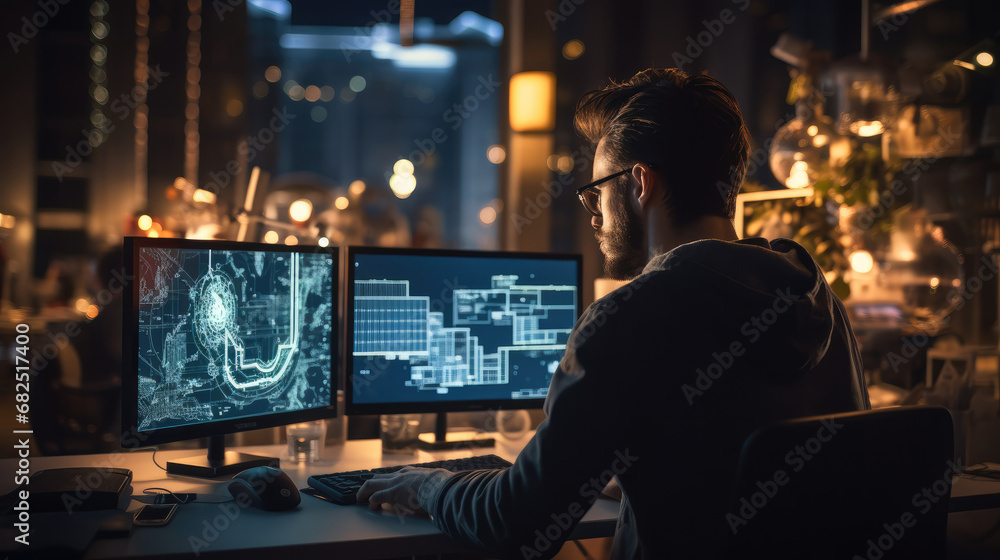 Fototapete Software engineer coding at a computer workstation.
