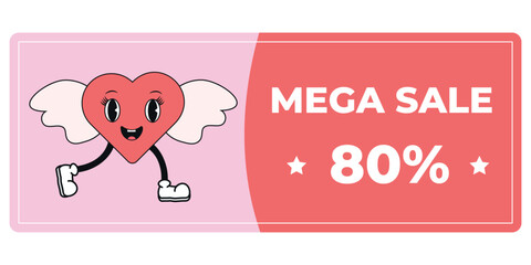 Voucher, ticket coupon design for Valentine's Day in retro style with cute cartoon character Groovy. Trendy retro style 60s 70s.
