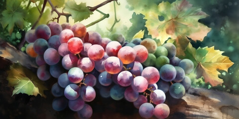 Bunch of ripe grapes in the summer garden, watercolor painting.