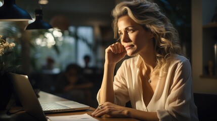 Mature woman is thinking at her office desk.