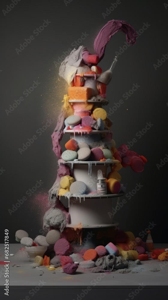Poster a pile of doughnuts sitting on top of a table next to a pile of other doughnuts on top of a table an