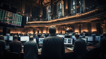 The trading hall of the stock exchange is crowded with traders and investors, paying attention to the dynamics of the stock market.