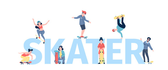 Fototapeta na wymiar Active skaters characters concept. Teenagers on skateboarding, sport training or seasonal outdoor recreation. Young make tricks, recent vector concept