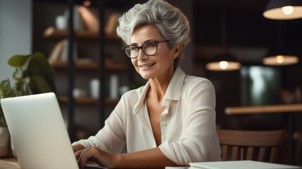 Mature woman learning online with laptop at a desk.