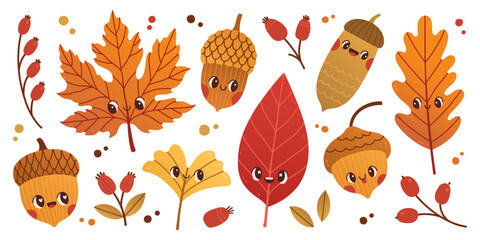 Cute cartoon leaves and acorns vector illustration. Oak, acorn, tree leaves. Nature print in Scandinavian style