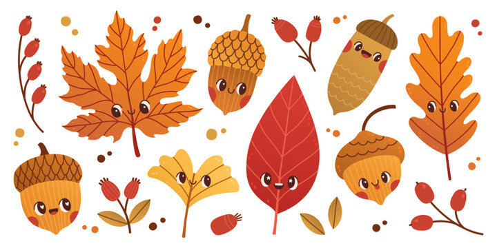 Cute cartoon leaves and acorns vector illustration. Oak, acorn, tree leaves. Nature print in Scandinavian style