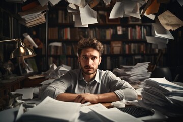 Stressed business owner in workplace, Paper and other stuff with multiple sources of communications coming in, miscommunication, Entangled, Cluttered.