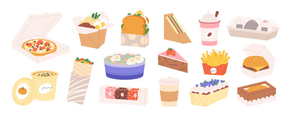 Food and coffee to go. Sandwiches and salads, takeaway pizza and sushi. Take out meal carton or paper and plastic packs and containers, racy vector set