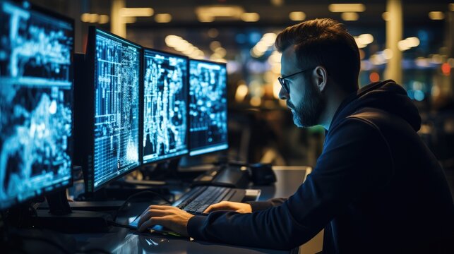 Software developer working with computer for coding script or cyber security.