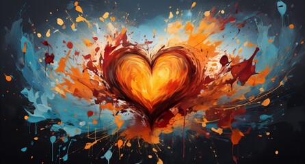 Abstract love in the shape of a heart, strokes of warm fiery colors on a contrasting blue-gray background. Concept: passion and emotion through bright splashes and rich textures and creativity, romanc