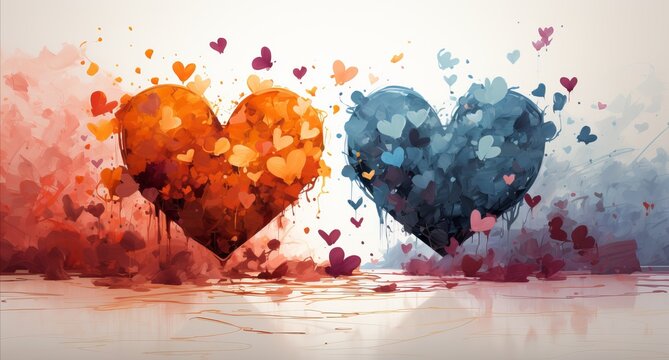 Abstract love in the shape of a heart, strokes of warm fiery colors on a contrasting blue-gray background. Concept: passion and emotion through bright splashes and rich textures and creativity, romanc