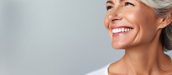 In a studio shot, a cropped image captures a middle-aged woman with a mature smile, highlighting her dental wellbeing and the importance of dental care, hygiene, and health. With selective focus on - obrazy, fototapety, plakaty