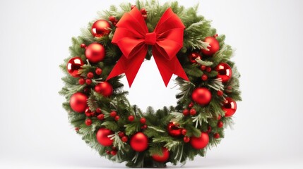 an evergreen Christmas wreath isolated on a white background, festive decoration, a picture-perfect representation suitable for various holiday-themed uses.