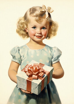 Retro 1960's postcard of little girl with blong hair holding gift box with red ribbon on white background