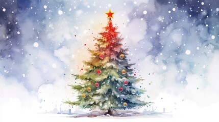  a watercolor painting of a christmas tree with a star on top in the middle of a snowy landscape with stars on the top of the top of the tree.