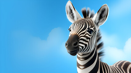 Baby zebra face on blue background сlose up