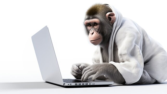 a cute monkey displaying an unhappy expression while sitting on a seat with a notebook computer, the innocence and emotion of the monkey against a clean white background