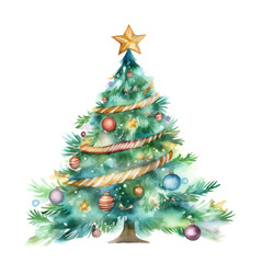 A watercolor illustration of a Christmas tree decorated with ornaments and lights. solated