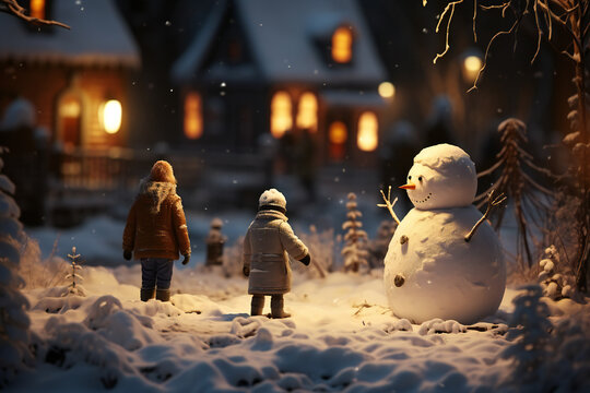 little children playing in the snowy garden while making a snowman, in the background the house is seen out of focus with Christmas lights