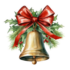 A watercolor illustration of a Christmas bell with a red ribbon. isolated