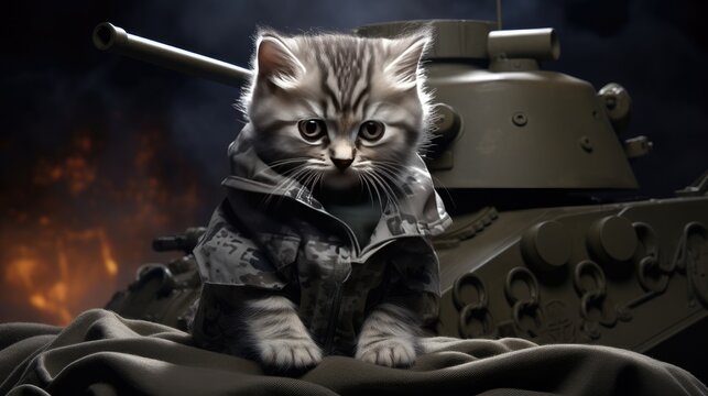 a gray kitten dressed in a tank top and military attire, a dynamic pose that exudes energy and intensity, complemented by dramatic lighting to enhance the overall impact.