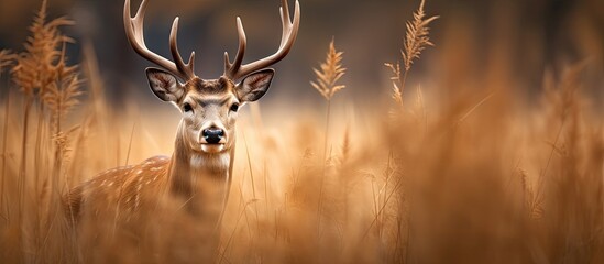 In the heart of nature, amidst tall grass swaying in the gentle breeze, an elegant brown fallow deer moves gracefully, a majestic mammal blending seamlessly with the wild surroundings of its wildlife - Powered by Adobe