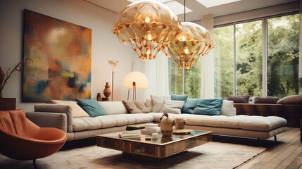 Modern living room interior design with sofa, armchair and coffee table. Mid-century Style Living Room