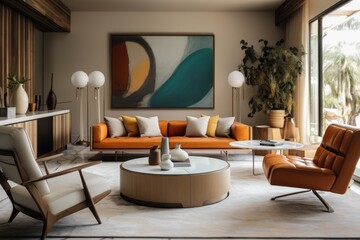 Modern living room interior design with orange sofa, coffee table and coffee table. Mid-century Style Living Room