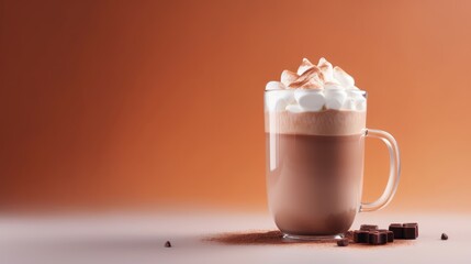  a cup of hot chocolate with marshmallows on the rim and whipped cream in the top of the cup, on an orange background of chocolate cubes. - obrazy, fototapety, plakaty