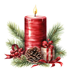 Watercolor illustrations of Christmas candle. isolated