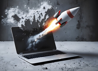 rakete, laptop, explosion, Neustart, modern, beton,  - obrazy, fototapety, plakaty