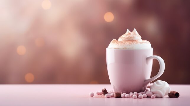 a cup of hot chocolate and marshmallows on a pink table with a boke of blurry lights in the background and a soft pink hued background.