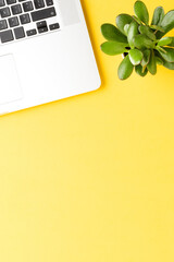 Office desktop. Elegant laptop with business accessories on yellow background
