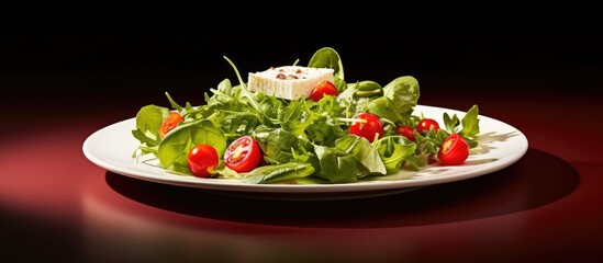 In the white-themed restaurant, a delectable plate of healthy cuisine was elegantly presented on the table, adorned with a vibrant green salad, red tomatoes, and creamy cheese, transforming it into an