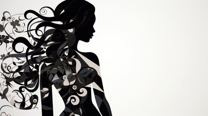  a black and white photo of a woman's silhouette with flowers and swirls on the side of her body and her hair in the shape of a butterfly.