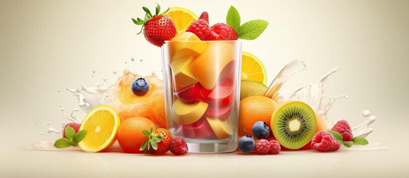 The 3D abstract illustration of a glass icon showcases a stunning texture resembling a healthy breakfast with a variety of organic fruits, representing a lifestyle dedicated to nutritious eating and a