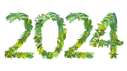 2024, year theme design made from various kinds of leaves isolated on transparent background, PNG,...