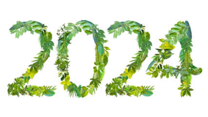 2024, year theme design made from various kinds of leaves isolated on transparent background, PNG, suitable for template design