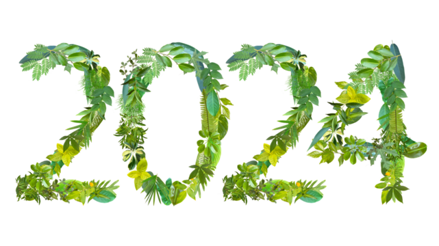 2024, year theme design made from various kinds of leaves isolated on transparent background, PNG, suitable for template design
