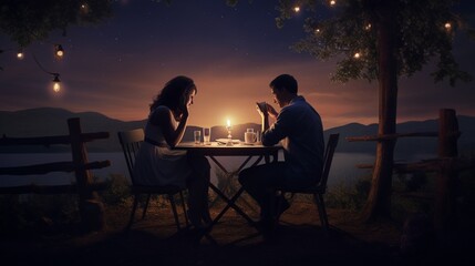 A romantic dinner setting, with a couple sharing a moment as they upload their relationship status on Facebook.