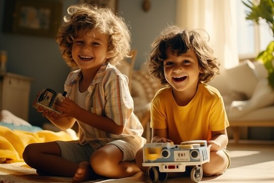 Active children laugh together and play with their favorite toys in the children's room. The concept of a happy childhood.