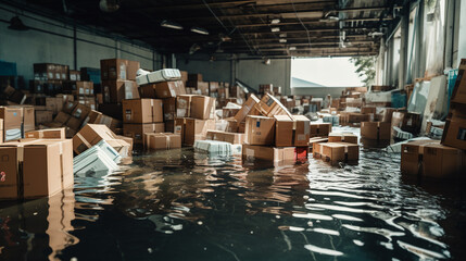 Flooded warehouse with cardboard boxes floating on the water due to flooding. natural disaster insurance. ai generative - obrazy, fototapety, plakaty