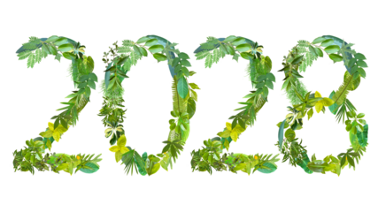2028, year theme design made from various kinds of leaves isolated on transparent background, PNG, suitable for template design