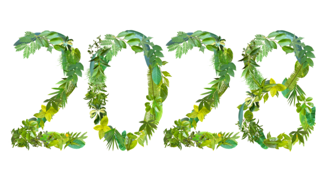 2028, year theme design made from various kinds of leaves isolated on transparent background, PNG, suitable for template design