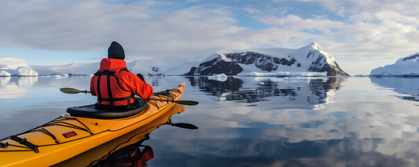 active sports, winter kayaking in Antarctica. extreme types of recreation. ai generative - obrazy, fototapety, plakaty