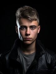 Fototapeta premium Contemporary studio portrait, young man with an edgy haircut, dramatic side lighting, moody expression